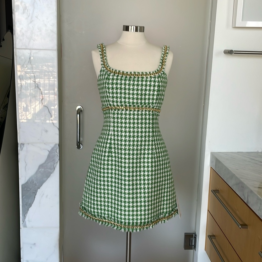 Rebecca Vallance green checkered subtle sequin sleeveless dress with pockets